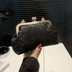 パーティーバッグ　クラッチ　ハンド　ショルダー　がま口　花柄　結婚式　着物　黒