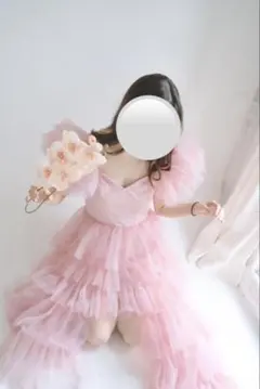 美品ピンク フリル カラードレス ボリューム結婚式二次会パーティコスプレ宣材写真