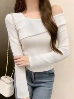 オフショルダー 長袖Tシャツ レディース　トップス カジュアル ホワイト 春