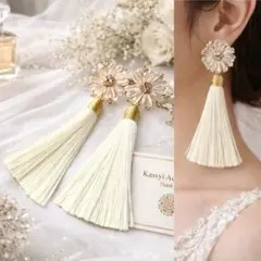 クリアガラスフラワー×ロングタッセル　ピアス　イヤリング　ブライダル　結婚式