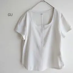 美品 GU ジーユー ワッフルヘンリーネックT+E オフホワイト XL LL