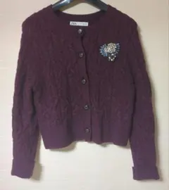 ZARA パープル ケーブルニットカーディガン ビジュー付き