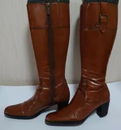 ブラウンレザー ロングブーツ 中ヒール