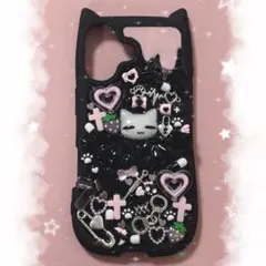 iPhone17 ケース デコ電 地雷系 量産型 埋めつくし 現品 黒ピンク35