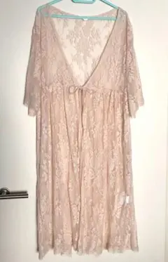 レースロングカーディガン Lサイズ 淡いピンクベージュ 体型カバー 羽織もの