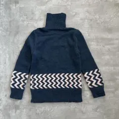 ネイビー×ピンク タートルネックニット セーター レディース S〜M