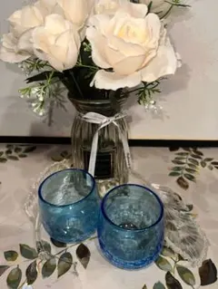ペアガラス❣️ありがとう メッセージ入り ブルー ガラスコップ 2個セット