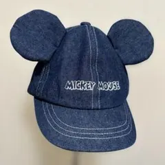 美品ミッキーマウス耳付きデニムmickey刺繍キャップ帽子56cmゴム入り