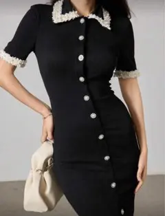 パール装飾付き黒タイトロングドレス