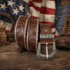 ヴィンテージ ウエスタン調 レザーベルト ブラウン スタッズ 彫刻 アメカジ
