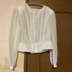 vintage ホワイト ドット柄 長袖 ペプラムシャツ