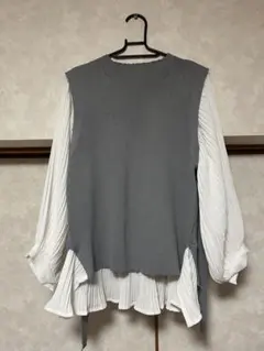 ニットベストレイヤードトップス グレー ドッキング ブラウス プリーツ フリル