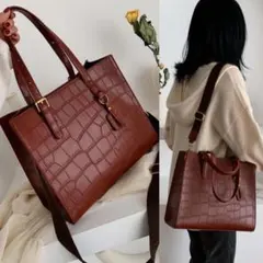 【美品】クロコ型押し2wayトートバッグ クロコ型押しショルダーバッグ