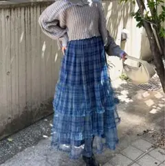 CHAOPANIC チュールフリルティアードスカート ブルー