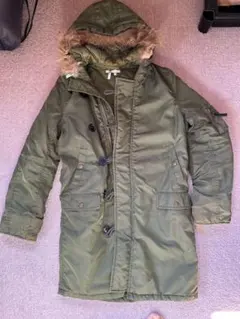 オリーブ色 フード付きモッズコート