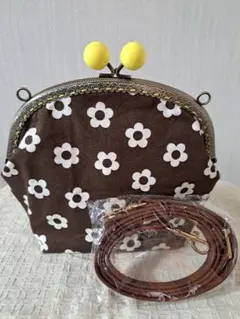 ハンドメイドがま口カバン　茶色の花柄