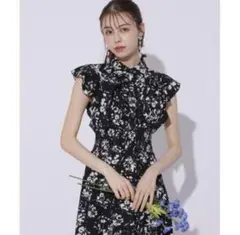 スウィングル Swingle フラワープリントフリルシャツカラーワンピース