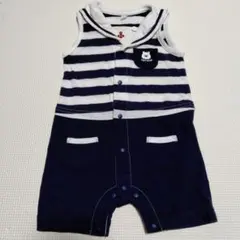 セーラーカラーロンパース　80cm　ネイビー　ボーダー　くま