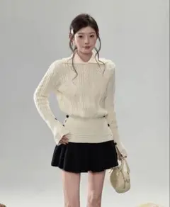 アイボリー ケーブルニットセーター 長袖 白 アイボリー