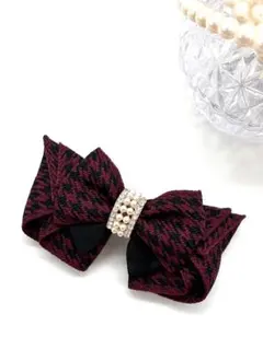 千鳥格子リボン　エンジ　バレッタ