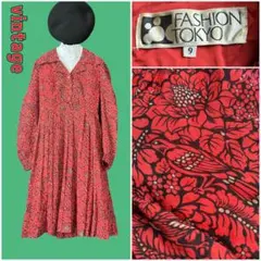 昭和レトロポップ︎✦︎ヴィンテージ古着︎✦︎朱赤 黒︎✦︎鳥と花柄︎✦︎プリーツシャツワンピース