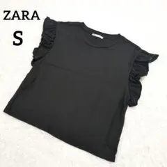 ZARA　ザラ　デザインTシャツ　フレンチスリーブ　フリル袖　黒　S　6308