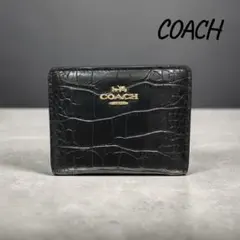 COACHミニ財布クロコ型押し ブラック コンパクト財布 レザー ゴールドロゴ