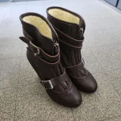 銀座かねまつ★ブーツ レザー 内ボア ベルト飾り 22cm ブラウン 075