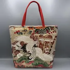 【底板付き】着物 帯 帯締め ハンドメイド トートバッグ リメイク 金 鶴