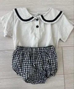 【韓国子ども服】セットアップ　くすみカラー　ギンガムチェック　セーラー　ブルマ