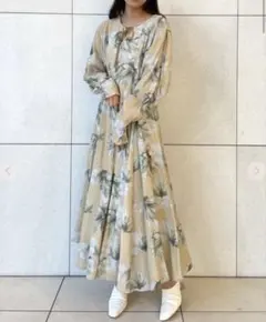 COCODEAL 水彩画フラワーロングスリーブドレス サイズ1 オレンジベージュ