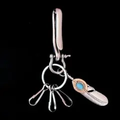 真鍮&ステンレス　ターコイズフェザー　シルバー　キーホルダー　 キーフック