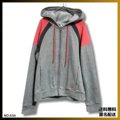 adidas アディダス　パーカー　フルジップ　グレー　ピンクフードに3本線　L