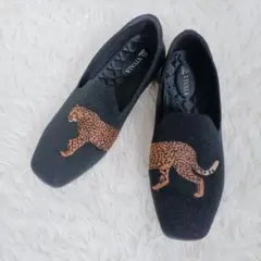 VIVAIA アニマル刺繍 フラットシューズ チーター ブラック 38