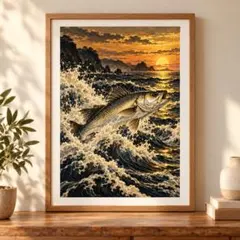 夕映えサーフのシーバス A4額付き釣りポスター 海と魚のインテリア