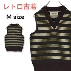 【レア】昭和レトロ古着 カリンカ ニット ベスト M ボーダー 茶系 ビンテージ