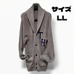 美品★TOMMY HILFIGER ウール混カーディガン グレー LL 刺繍ロゴ
