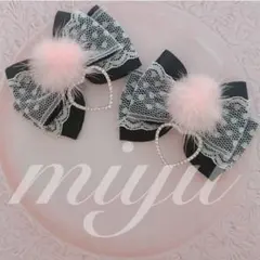 ヘアクリップ　（ピンクぽんぽん✗ドットレース）ロリィタ　ヘアメ　地雷系　推し