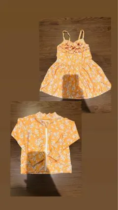 オレンジ花柄フリル水着　ラッシュガード付き 80cm以下