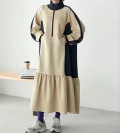 【美品】forksy. ハーフジップライン配色トラックジャージワンピ　ベージュ