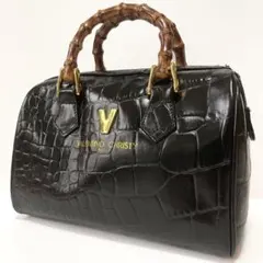 VALENTINO CHRISTY ハンドバッグ クロコ型押し バンブー 黒 鞄