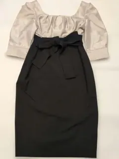 スクエアネック ストレッチ タイトドレス リボン付き 36