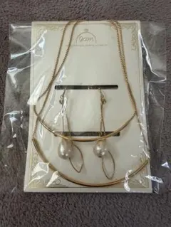 二連ゴールドネックレス＆パールイヤリングセット