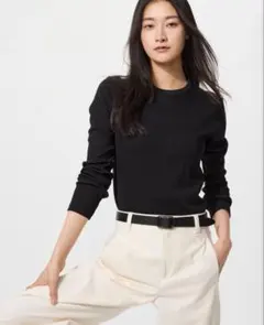 UNIQLO リブクルーネックT 長袖 ブラック M