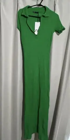 ZARA グリーン 半袖リブ編みワンピース