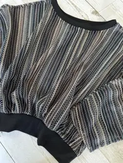 新品　ストライプ柄バルーンスリーブ　メッシュショート丈Tシャツ Lサイズ