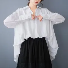 オシャレ デザイン性抜群 無地 切り替え デザインシャツ 前後段違い フリー