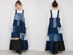 リメイク ネイビー系チェック パッチワーク ネルシャツワンピース