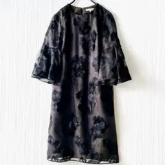 エポカ 花柄 レース シアー ワンピース 38 フレアスリーブ 茶×黒