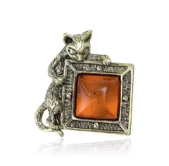 大好評✨ゴールド　アンバースクエア　猫　ブローチ　ビンテージ風　アンティーク調